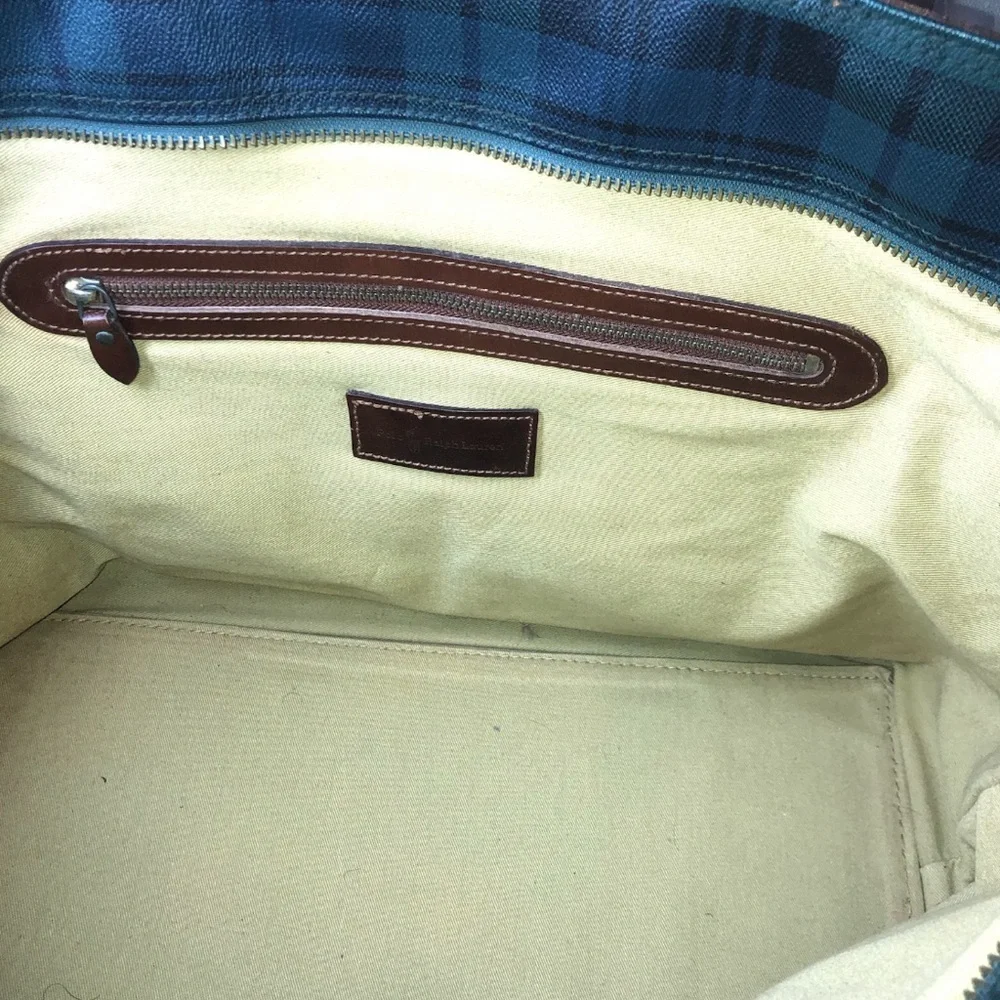 RALPH LAUREN Black Watch Plaid Oversized Coated Canvas Brown Leather Travel Bag